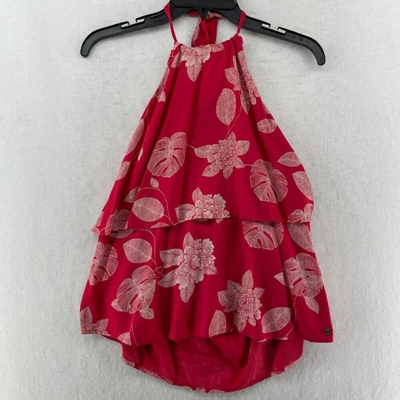 Roxy Tank Top Women's Sz 3 Red Tiered Tropical Print Halter Tie Back Backless - Picture 1 of 11